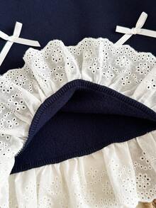 SHEIN 女婴新款秋冬时尚公主风3D蝴蝶结可爱女童连衣裙套装，面料柔软，适合上学、室内外活动 - 藏蓝色 - 查看 6