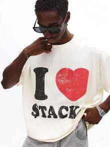 SUMWON I Love Stacks Classic Print Statement Cotton T-Shirt Boxy Fit Oversized Retro Graphic Love Heart Tee Urban Casual Streetwear
