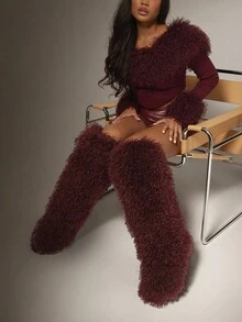 SHUZIA 全新女式及膝勃艮第红色人造毛皮毛绒蓬松毛茸茸温暖舒适冬季节日平底靴 - 酒紅色 - 查看 6