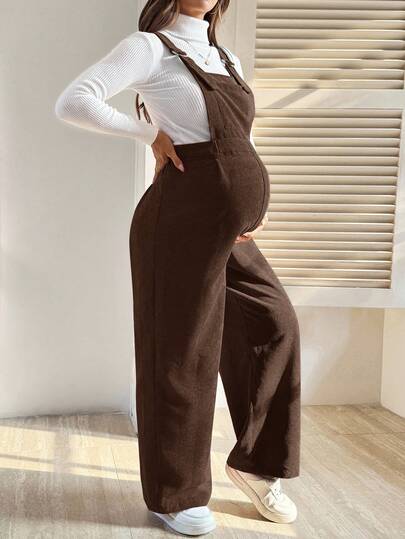 SHEIN Maternity Solid Color Wide Leg Casual Jumpsuit With Suspender Straps Brown Jumpsuit Women Pregnancy Clothes Maternity Jumpsuits For Women Maternity Clothes Maternity Overalls