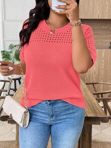 EMERY ROSE Plus Size Casual Hollow Out Round Neck Short Sleeve Tops - Burnt Orange - View 4