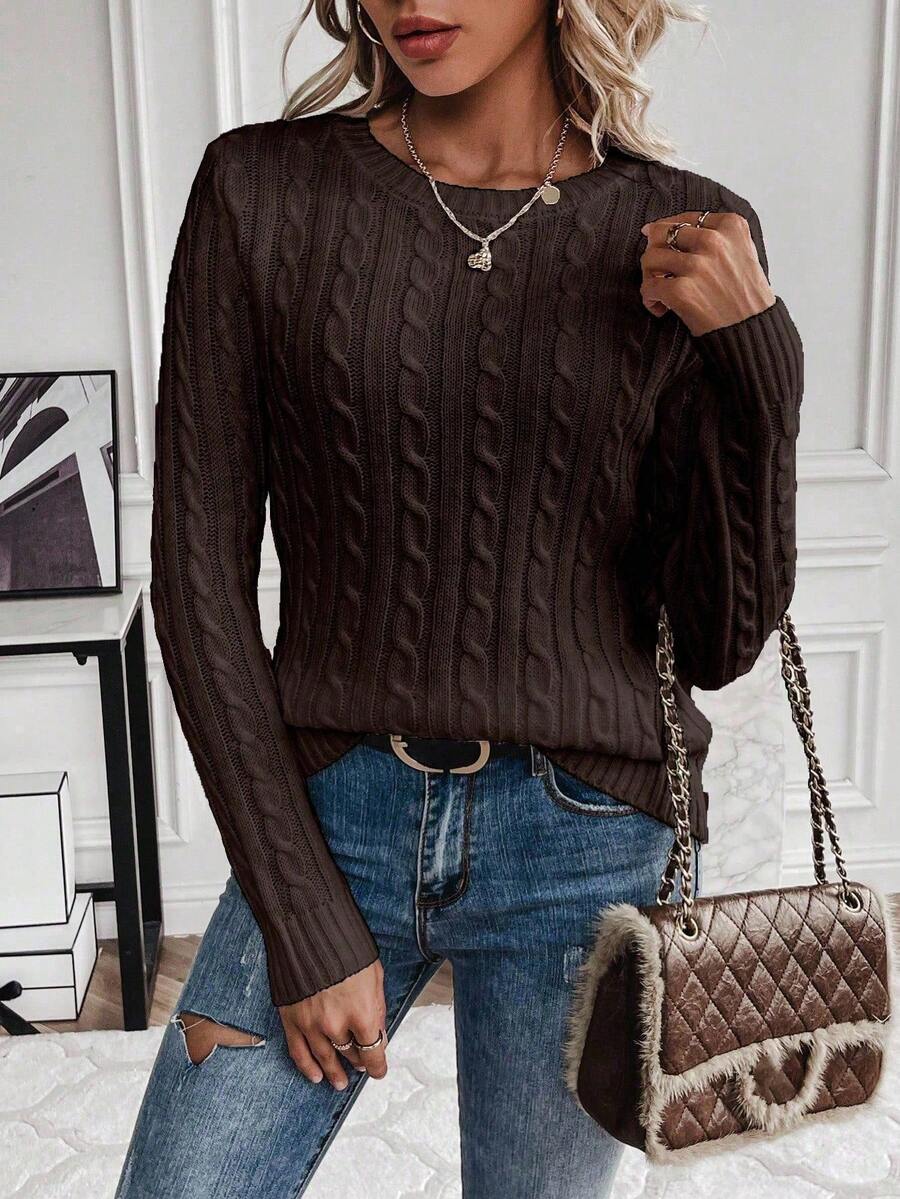 EMERY ROSE Women's Casual Twist Knit Crew Neck Long Sleeve Sweater - Coffee Brown - View 1