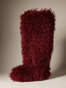 SHUZIA 全新女式及膝勃艮第红色人造毛皮毛绒蓬松毛茸茸温暖舒适冬季节日平底靴 - 酒紅色 - 查看 7