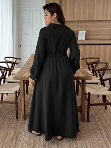 EMERY ROSE Plus Size Women Solid Color Casual Minimalist Long Sleeve Waist Cinched Dress Fall - Black - View 2