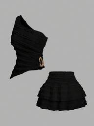 Sweetra Sexy Outfit - Asymmetric Neck Top + Peplum Mini Skirt