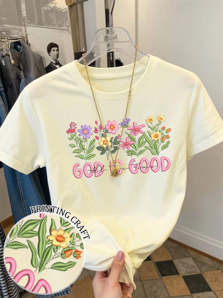 Resyla Camiseta de manga corta y cuello redondo con estampado de lema de letra para mujer, un regalo para amigos - Albaricoque - Añade 1