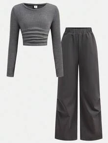 Girlism 青少年女孩 T 恤套装青少年女孩罗纹针织褶皱长袖 T 恤上衣和慢跑裤两件套，休闲装 - 深灰色 - 查看 5