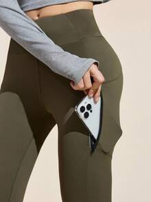 SHEIN Sports 全新高端户外徒步运动女式口袋紧身裤 - 軍綠色 - 查看 4