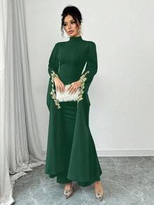 Selianne Women's Stand Collar Extra Long Sleeve Applique Decor Fitted Mermaid Hem Elegant Dress, Suitable For Party - Dunkelgrün - Übersicht 4