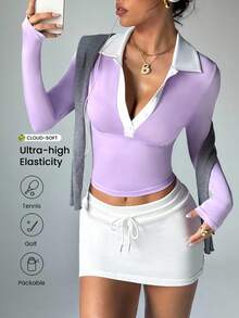 Dewbera 撞色装饰半扣修身长袖运动 Polo 衫 - 紫色 - 查看 1