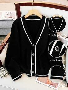 Regalyn Cardigan tricoté à manches longues, col en V, polyvalent et décontracté, avec boutons et bordure contrastée, taille grande