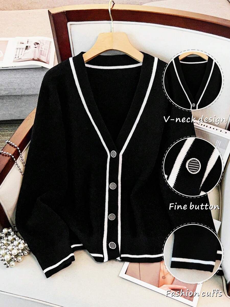 Regalyn Cardigan tricoté à manches longues, col en V, polyvalent et décontracté, avec boutons et bordure contrastée, taille grande