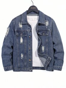 2 件套青少年男孩时尚破洞牛仔夹克和直筒牛仔裤套装，适合日常、派对、返校、度假的休闲时尚