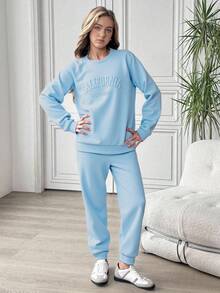 SHEIN Casuvi Kids 2pcs/Set Casual Commuter Versatile 3D Letter Print Long Sleeve Hoodie And Sweatpants For Teenage Girls Fall Winter - Blue - View 3