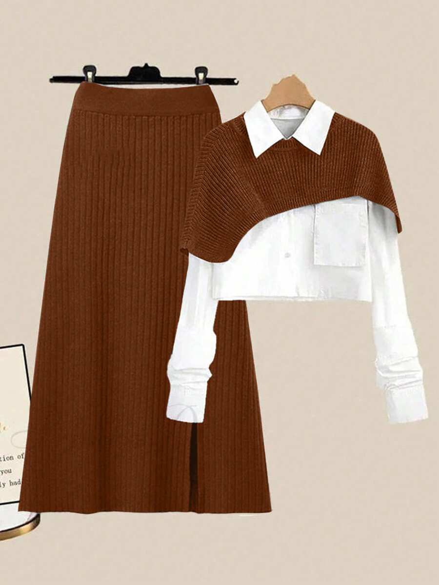 GlowEve 2pcs Women Solid Color Ribbed Knit Asymmetric Hem Top And Slit Skirt Set - Rust Brown - View 1