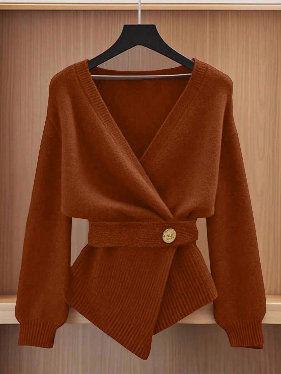 GlowEve Women's Elegant Solid Color Surplice Neck Cinched Waist Cardigan, Autumn - Rust Brown - View 1