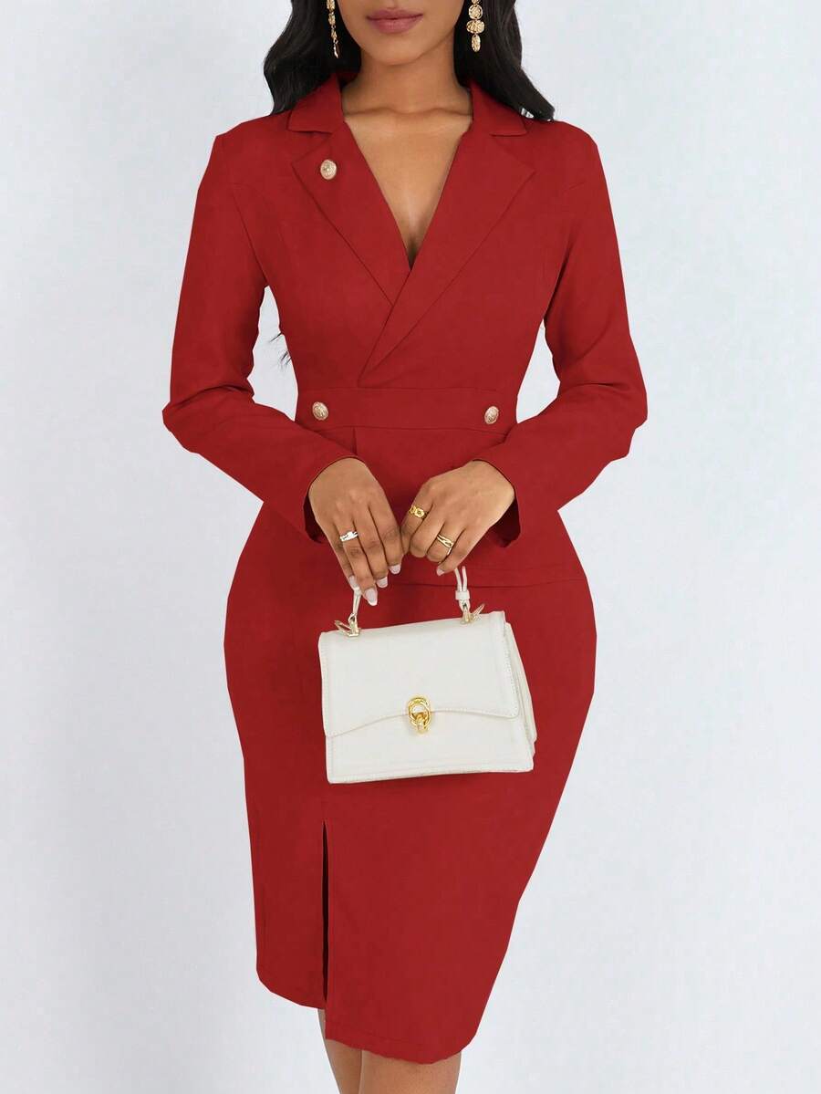 SHEIN Unity Đầm Maxi Nữ Tay Dài Cổ Ve Áo Màu Trơn, Viền Xẻ, Trang Phục Thu Đông Cho Nữ - Màu Đỏ Sâu - Xem 1