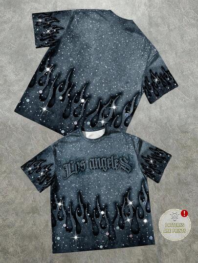 SHEIN Camiseta de cuello redondo de manga corta con estampado de teñido anudado, estilo deportivo y letra inglesa, estilo minimalista y de otoño Y2K hip hop, adecuada para niños preadolescentes en verano