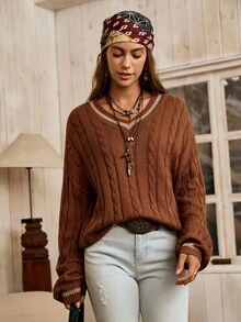 LanaWest Contrast Color V-Neck Twist Knit Casual Pullover Sweater, Versatile For Autumn/Winter - Brown - View 4