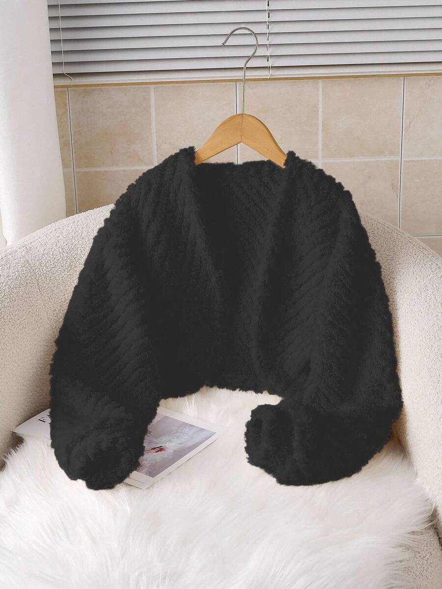 Sparklyn 少女纯色休闲长袖外套，秋冬季，秋季外套，休闲秋季外套，冬季外套，法兰绒外套 - 黑色 - 查看 1