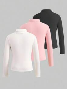 SHEIN 3pcs Tween Girls' Solid Black White Pink Embroidered Casual Turndown Collar Long Sleeve Tops Set,Basic School Back-To-School Autumn Clothes 3 Packs - Multicolor - View 9