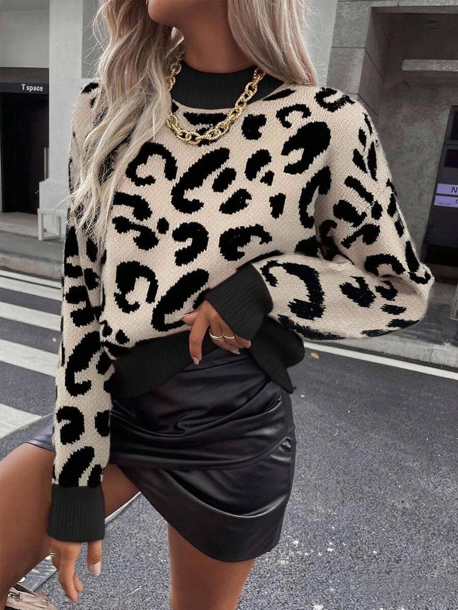 EMERY ROSE 女式豹纹圆领休闲长袖套头毛衣 - 彩色 - 查看 1