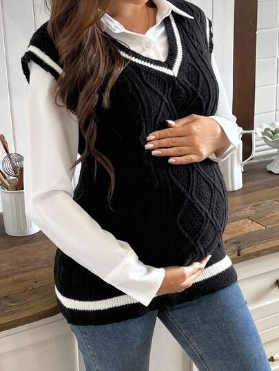 SHEIN Chaleco de punto casual de moda con cuello en V y estampado de rayas para maternidad