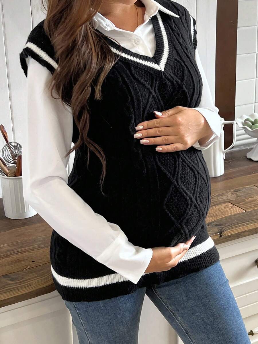 SHEIN 孕妇V领条纹印花休闲时尚毛衣背心