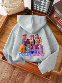 Sparklyn Young Girl Casual K-POP Cartoon Character Print Hooded Sweatshirt, Fashionable Street Style Pullover Sweatshirt Suitable For Autumn/Winter Outfits - Grey - View 4