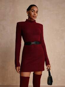 Vesra 2 piezas Conjunto de vestido de suéter y cinturón de unicolor para mujer, otoño - Burdeos - Ver 7