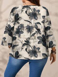 EMERY ROSE Plus Size Floral Print Casual Round Neck 3/4 Sleeve Blouse, Suitable For Spring And Autumn - Multicolor - View 6