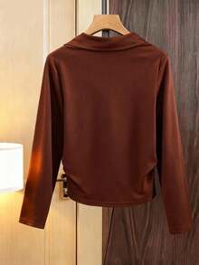 Lyxana Women's Casual Versatile Solid Color Mandarin Collar Top - Brown - View 2