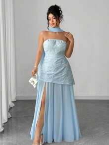 Elenzga 大码女式时尚热销设计感派对宴会高端围巾领优雅修身开叉连衣裙，双层面料露肩 - 藍色 - 查看 8