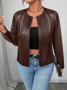 SHEIN PETITE CURVE 大码女式经典百搭 PU 皮夹克，小号系列 - 棕色 - 查看 6