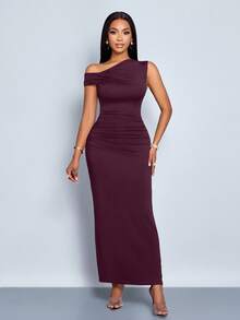 SOLERSUN Đầm dài bó sát vai lệch vai đơn giản, màu trơn, dự tiệc sang trọng, thời trang xuân hè cho nữ - Màu đỏ tím - Xem 5