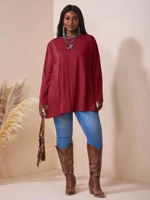 SHEIN CURVE+ Áo thun dáng rộng tay dài cổ tròn trễ vai nhiều màu sắc cỡ lớn, quần áo mùa hè cho nữ, mùa đông, đường cong PLUS - Màu Đỏ Sâu - Xem 6