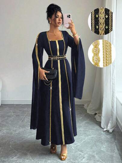 Rafferiza 金色编织腰带奢华亮片串珠礼服开叉长袖连衣裙