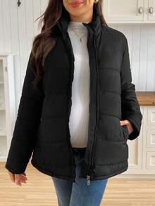 SHEIN 纯色休闲长款孕妇拉链加厚外套，冬季 - 黑色 - 查看 6