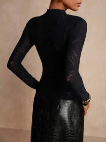 Vesra Camiseta de mujer de manga larga, ajustada, elegante y sexy con estampado de cebra y leopardo transparente y encaje acolchado en los hombros