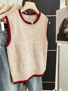 Franclia Casual Loose Crew Neck Sleeveless Knit Contrast Trim Khaki Sweater Top For Women, Spring/Autumn - Red - View 6