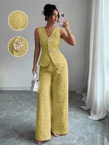 Selianne Bộ 2 món họa tiết thanh lịch dành cho nữ, màu hồng, mùa hè - Màu vàng - Xem 5