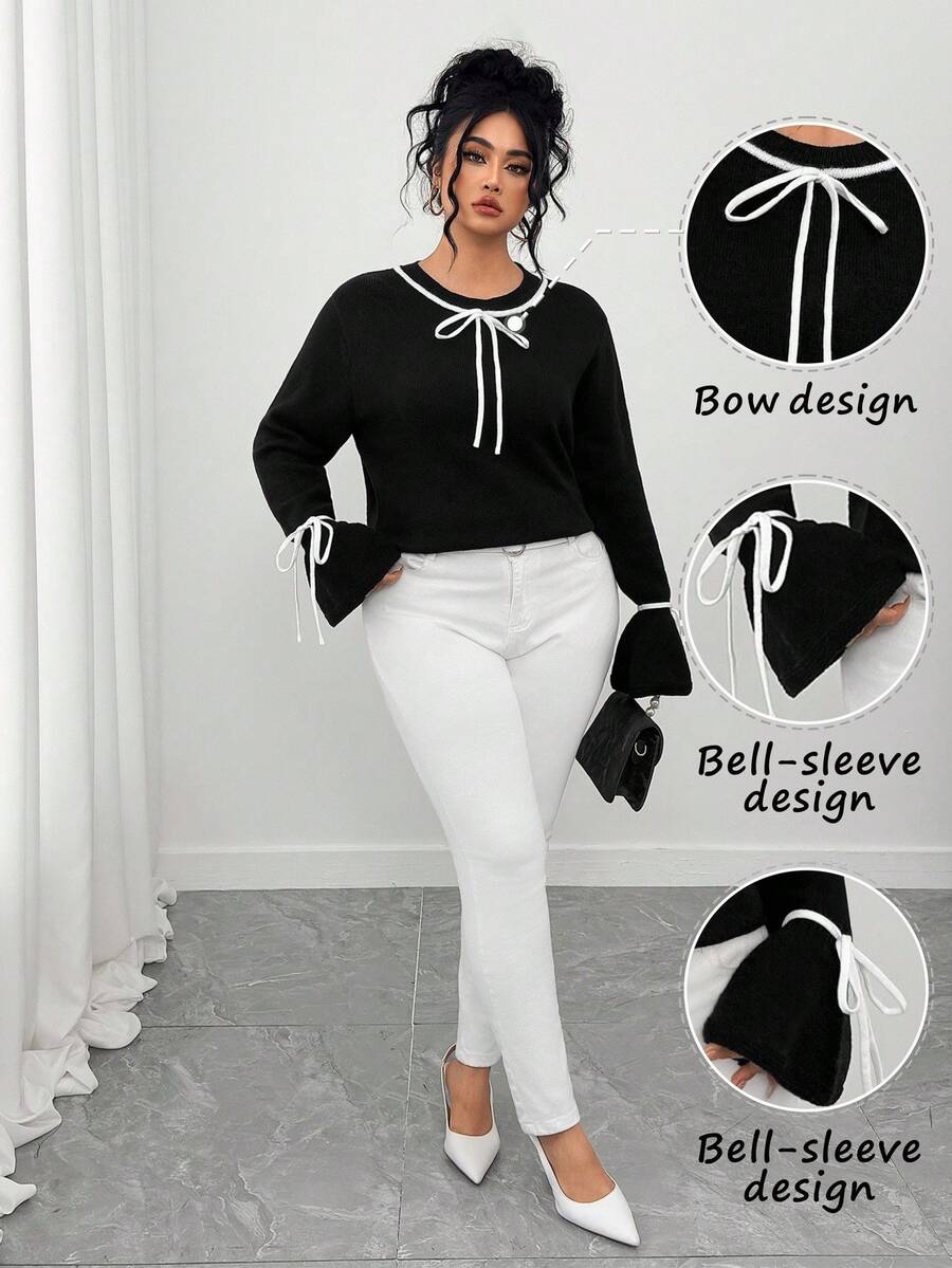 Elenzga Suéter de cuello redondo de manga larga con lazo y bloque de color para tallas grandes - Blanco y Negro - Ver 1