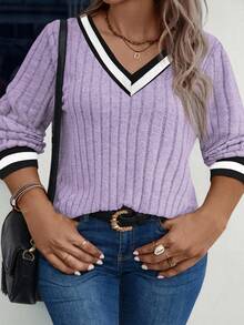 EMERY ROSE Women's Plus Size V-Neck Contrast Trim Soft Plus Size Ribbed Knit Sweatshirt, Autumn/Winter - Purple - View 4