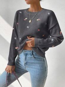 EMERY ROSE Women's Fashionable Casual Embroidered Round Neck Dolman Sweater - Dark Grey - View 4