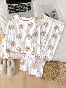少女睡衣套装，粉色小熊蝴蝶结印花白色针织T恤，荷叶边装饰，长袖长裤，休闲家居服 - 白色 - 查看 1