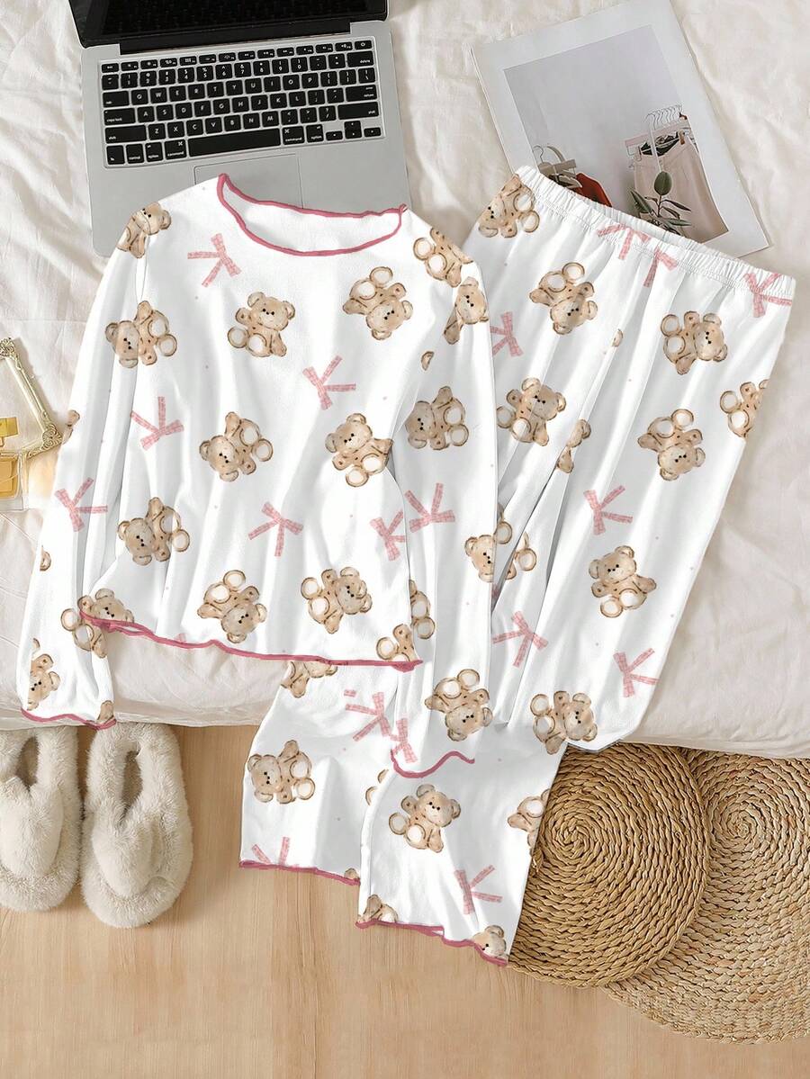 少女睡衣套装，粉色小熊蝴蝶结印花白色针织T恤，荷叶边装饰，长袖长裤，休闲家居服 - 白色 - 查看 1