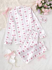 2pcs/Set Girls Cute Printed Long Sleeve Top And Pants Casual Comfortable Pajama Set Girls Two Piece Pajama Set Pajama Set For Girls Cherry Pajama Set Cherry Kids Outfit Cherry Two Piece Set For Girl - Pink - View 2