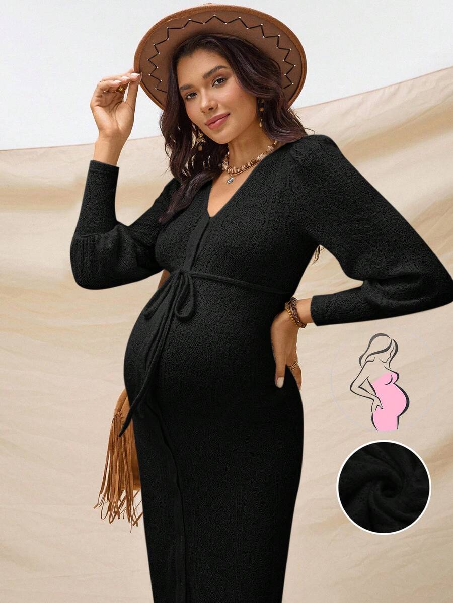 Boho Mama 孕妇纯色V领长袖单排扣修身连衣裙 - 黑色 - 查看 1