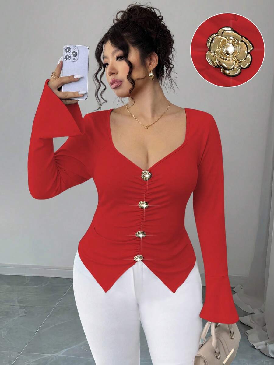 Elenzga V 领金属扣喇叭袖修身大码女式褶皱 T 恤 - 紅色 - 查看 1