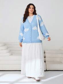 SHEIN EZwear Plus Clouds Pattern Drop Shoulder Cardigan, For Winter Fall - Baby Blue - View 4